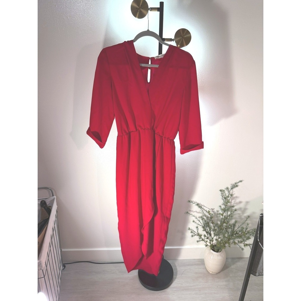 Amanda Uprichard midi tulip hem vivid red statement dress designer event looks M